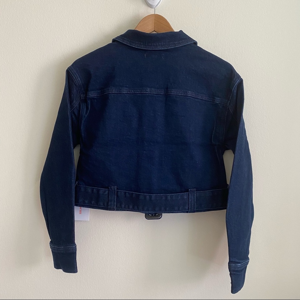 Good American The 70s Icon Belted Cropped Denim Jacket Deep Blue 0 XS NWT - Picture 14 of 16